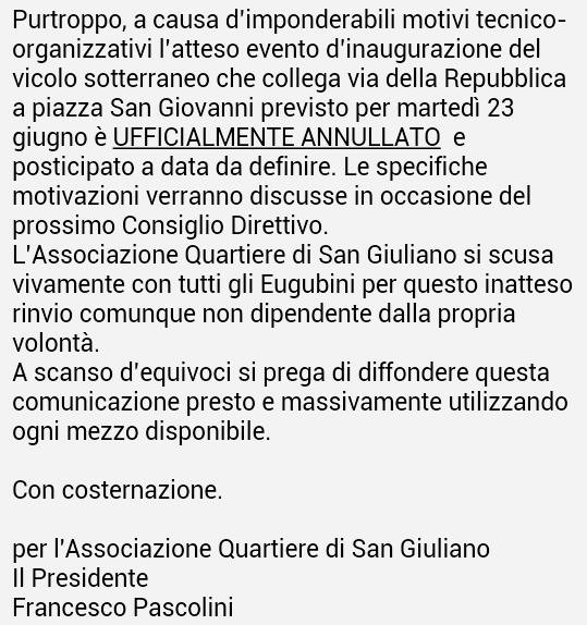 Rinviata l'inaugurazione del vicolo sotterraneo di San Giovanni