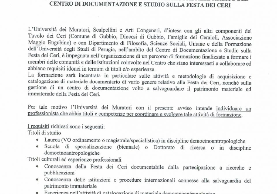 BANDO DI CONCORSO PER FORMATORE PRESSO CENTRO DOCUMENTAZIONE E STUDIO FESTA DEI CERI