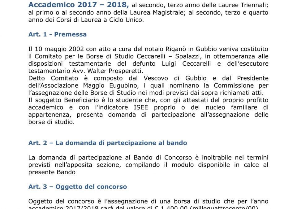 BANDO PER LE BORSE DI STUDIO LASCITO CECCARELLI, ENTRO IL 15 DICEMBRE