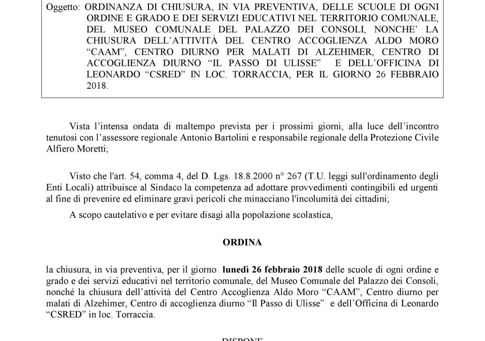 Lunedi 26 febbraio scuole chiuse in via preventiva, per allarme meteo