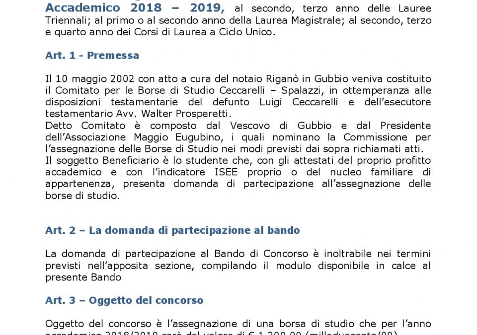 BANDO DI CONCORSO BORSE DI STUDIO ANNUALI “LASCITO CECCARELLI – SPALAZZI” a.a. 2018-2019