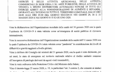 ORDINANZA DEL SINDACO N.107 DEL 29 MAGGIO 2020