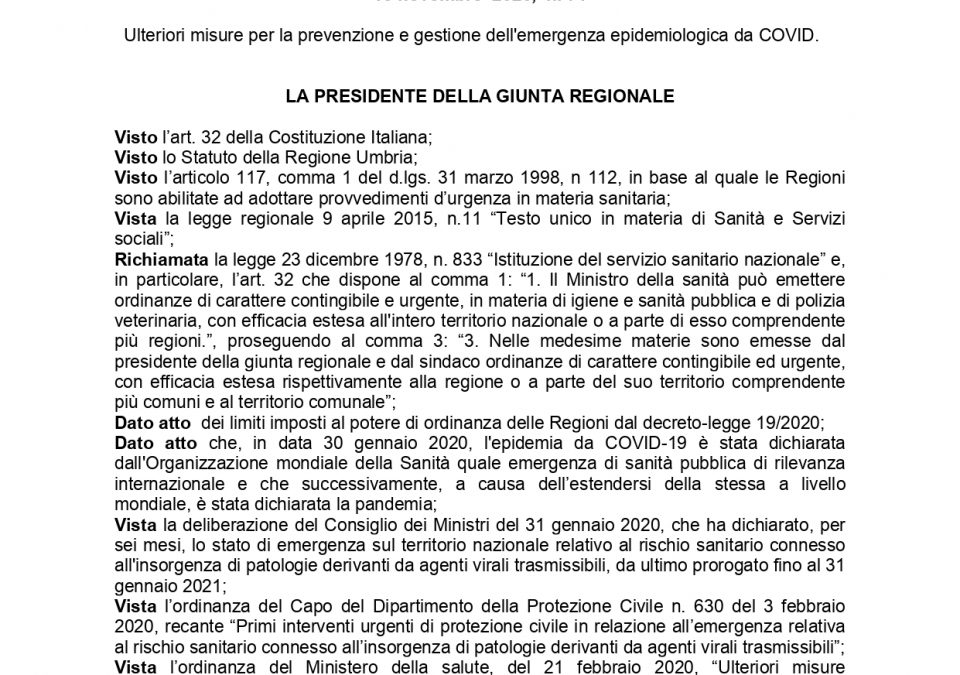 Emergenza Covid: Ordinanza Regionale n. 71 del 13 novembre 2020