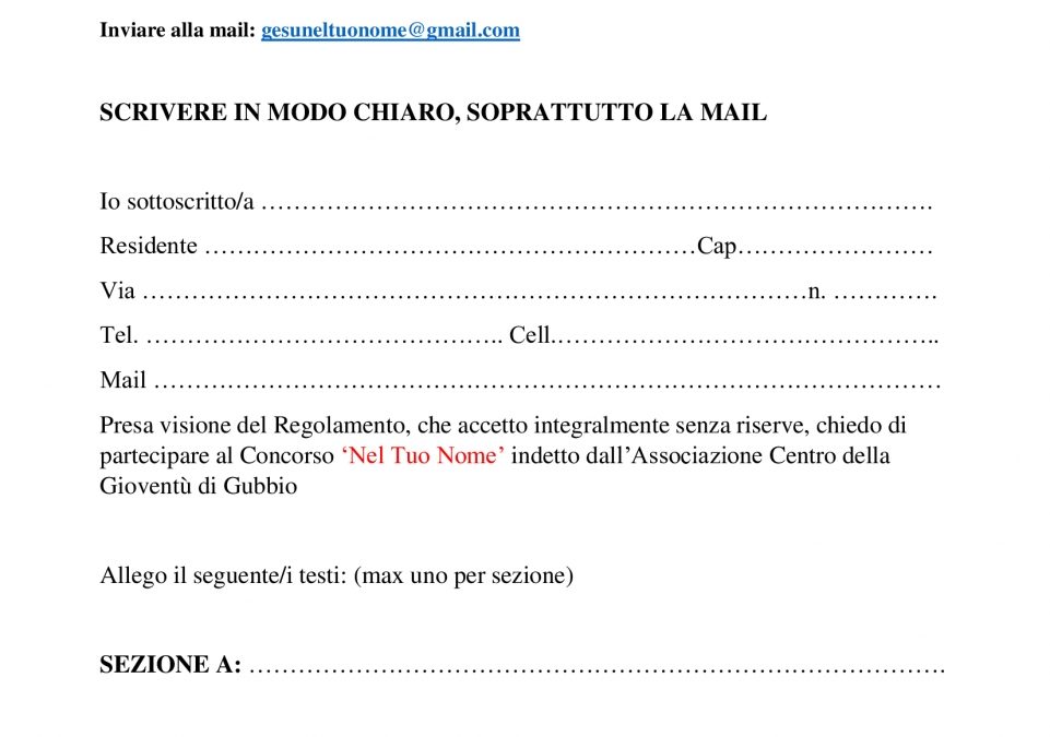 1°Concorso di poesia a tema religioso ‘NEL TUO NOME’