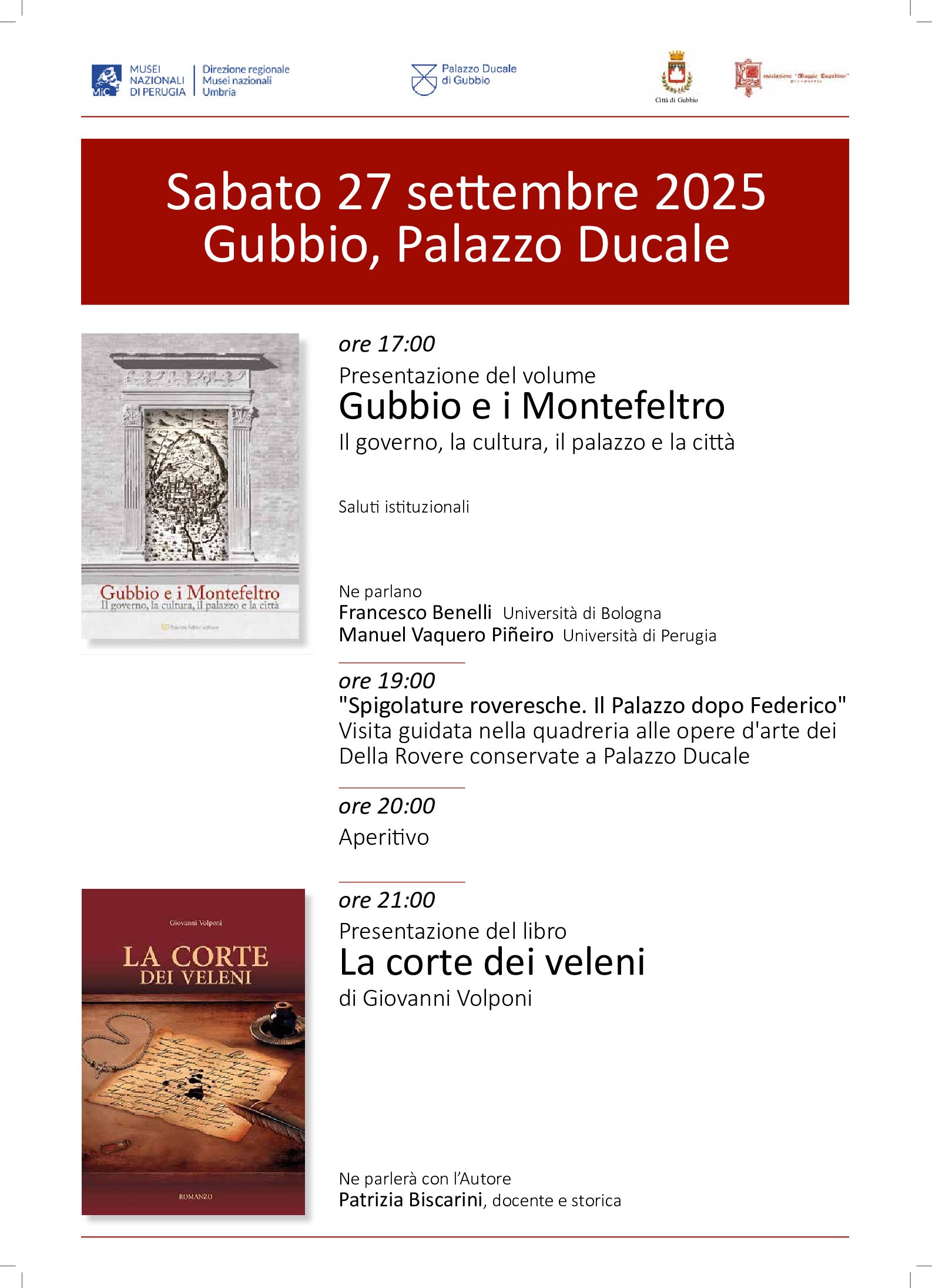 Gubbio e i Presentazione del libro La corte dei Veleni e del volume Gubbio e i Montefeltro. Sabato 27 settembre dalle ore 17:00
