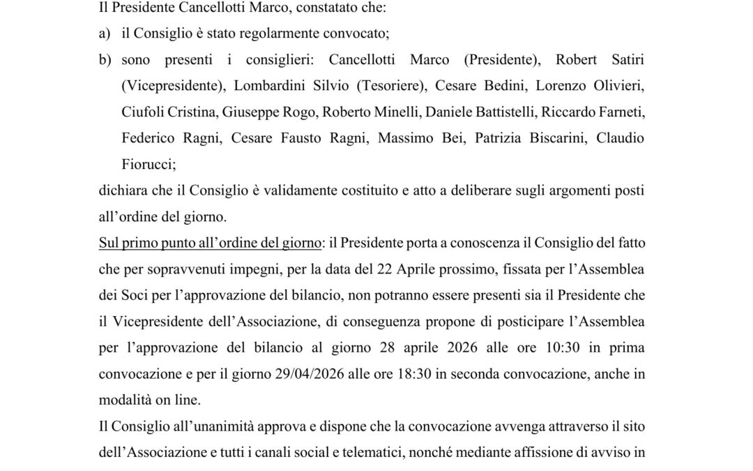 ASSEMBLEA ORDINARIA DEI SOCI SPOSTATA A MARTEDI 28 APRILE ORE 10:30 IN PRIMA CONVOCAZIONE E MERCOLEDI 29 APRILE ORE 18:30 IN SECONDA
