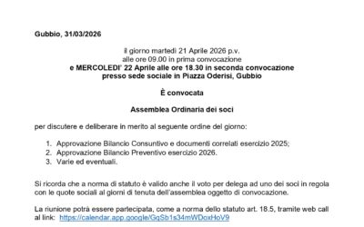ASSEMBLEA ORDINARIA DEI SOCI, MERCOLEDì 22 APRILE ORE 18:30
